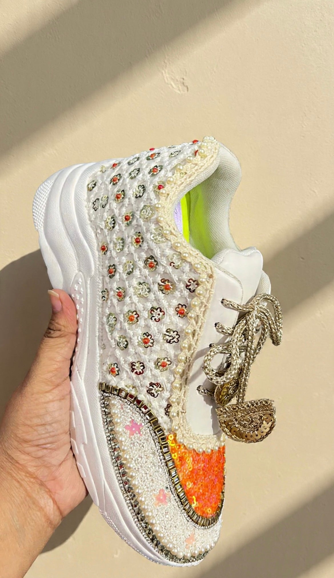 Funky N Trendy ivory and orange embroidery work bridal sneakers/ bridesmaid sneaker / golden sneakers/ orange sneakers / sequine work sneakers/ orange shoes/ silver golden sneakers