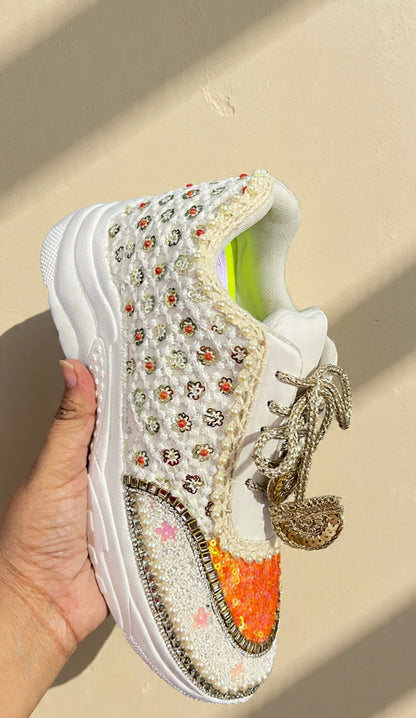 Funky N Trendy ivory and orange embroidery work bridal sneakers/ bridesmaid sneaker / golden sneakers/ orange sneakers / sequine work sneakers/ orange shoes/ silver golden sneakers