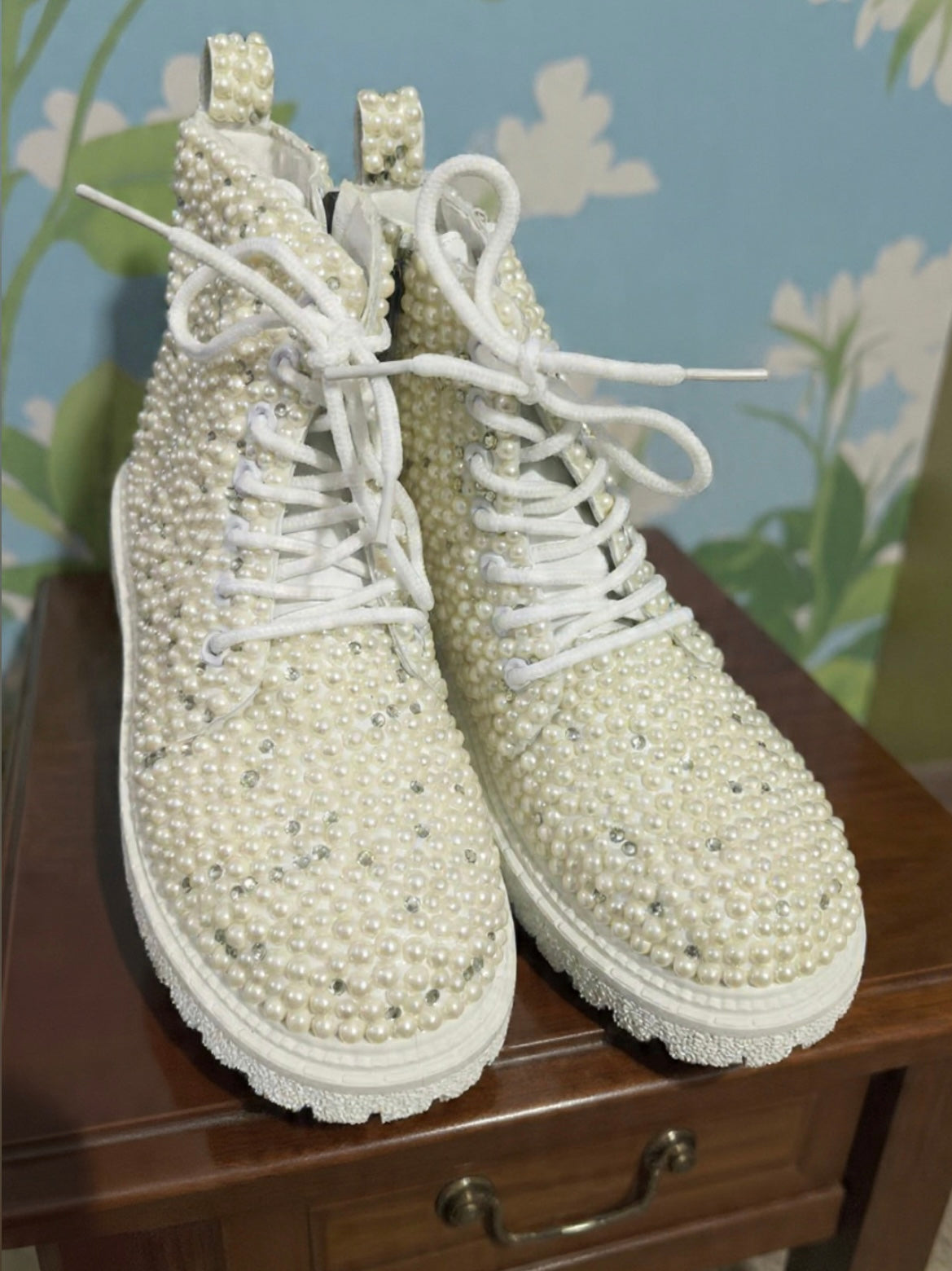 Funky N Trendy white pearl hand work sneakers / bridal sneakers/ sneaker for bride / white sneakers/ pearl sneakers for bride/ bridesmaid sneakers / pearls sneakers / pearl boots