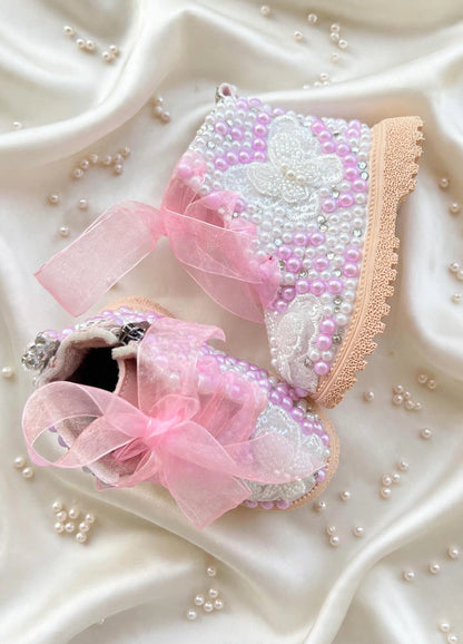 Handcrafted Butterfly & Pearl Custom Boots | Pink Organza Bows - Funky N Trendy