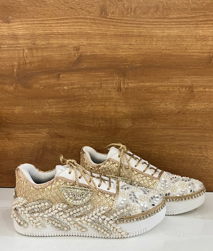 Funky N Trendy ivory / off white embroidery work bridal sneakers/ bridesmaid sneaker / hancrafted sneakers / gold sneakers / golden sneakers/ white sneakers / white shoes