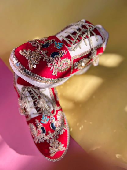Funky N Trendy Peacock Magic Red Bridal Sneakers – Dance-Ready & Personalised