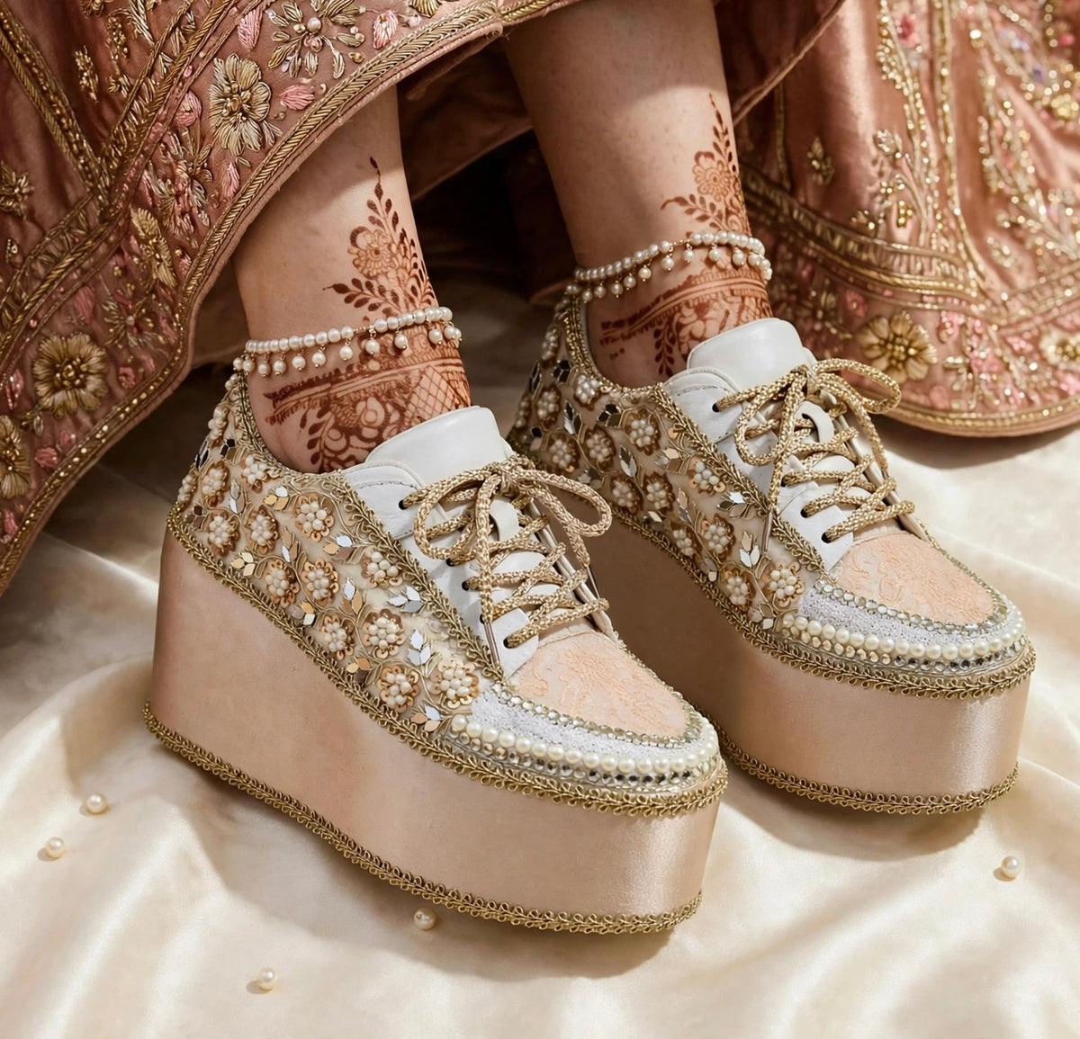 FUNKY N TRENDY Rose Gold Mirror sequine work sneakers - wedge sneakers heeled sneakers/ Rose gold sneakers