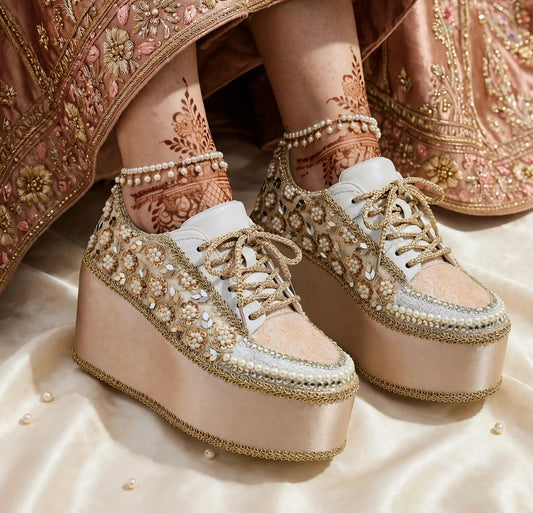 FUNKY N TRENDY Rose Gold Mirror sequine work sneakers - wedge sneakers heeled sneakers/ Rose gold sneakers