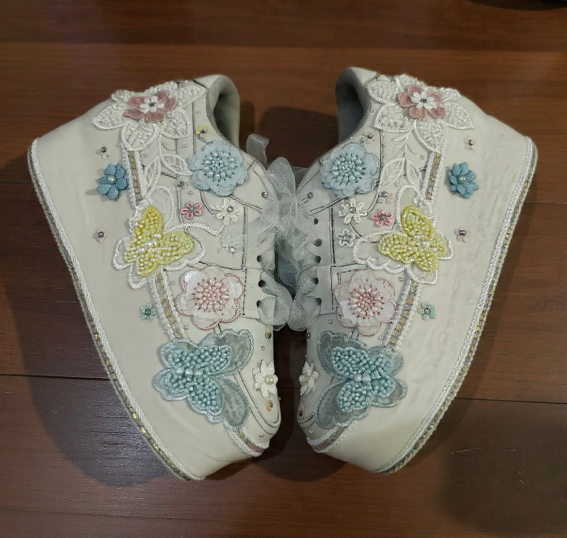 FUNKY N TRENDY Hand embroidered butterfly theme sneakers - wedge sneakers heeled sneakers/ white sneakers