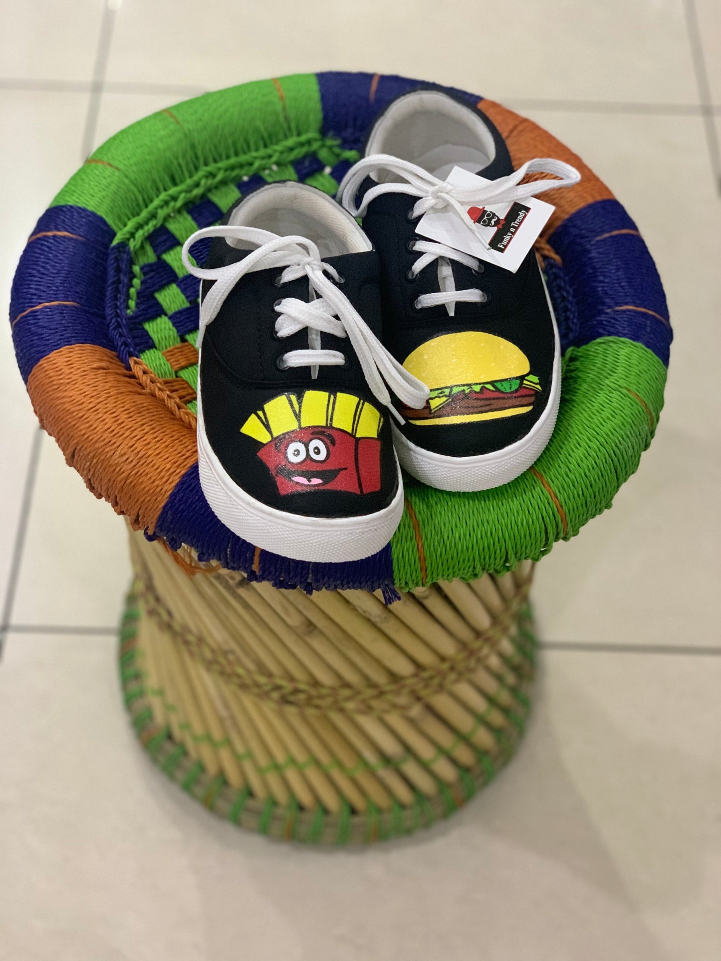 Funky N Trendy hand painted water resistant Burger fries theme black shoes/ food shoes / black shoes / funky shoes