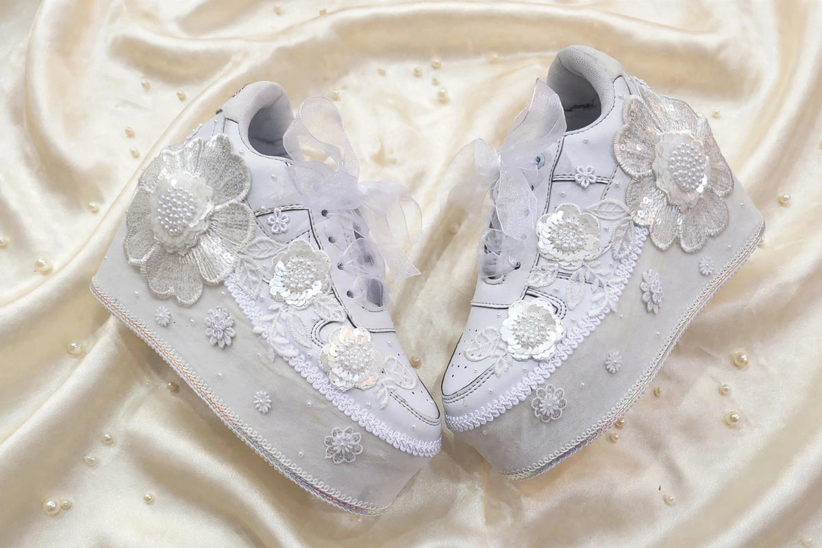 Customized Bridal Sneakers with Name initials / wedding date– Wedding Shoes for Bride/ white sneakers