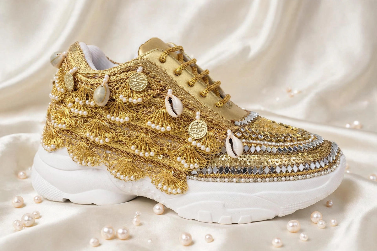 FUNKY N TRENDY gold sneakers for brides / gold sneakers for bridesmaids/ gold sneakers / bridal sneakers / bridesmaid sneakers/ golden hand work sneakers / gold sneakers / embroidered sneakers