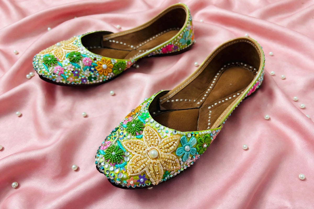 FUNKY N TRENDY “Green Pastel Garden Handcrafted Juttis – Floral Magic” - Green Carnival juttis