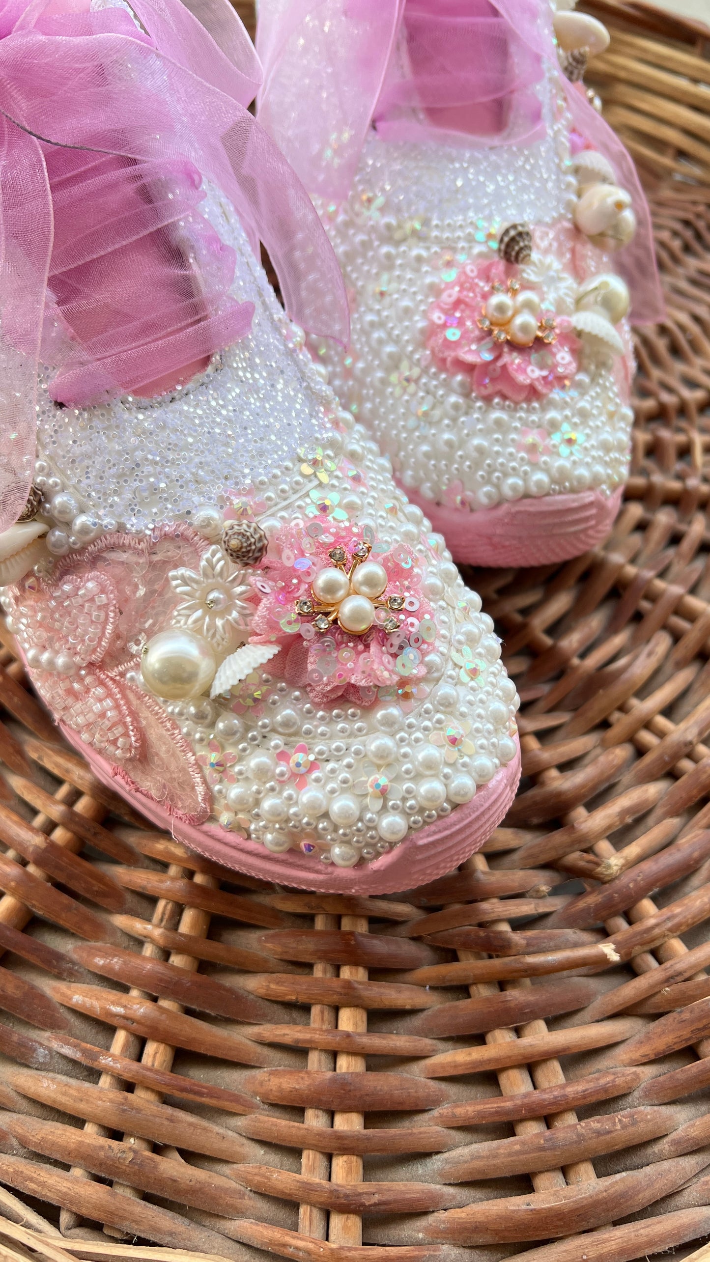 FUNKY N TRENDY pink/white floral butterfly theme sneakers with shells pearls detailing for brides / bridesmaids / bridal sneakers / bridesmaid sneakers / bridal shoes/ pink shoes / pink sneakers/ cocktail sneakers