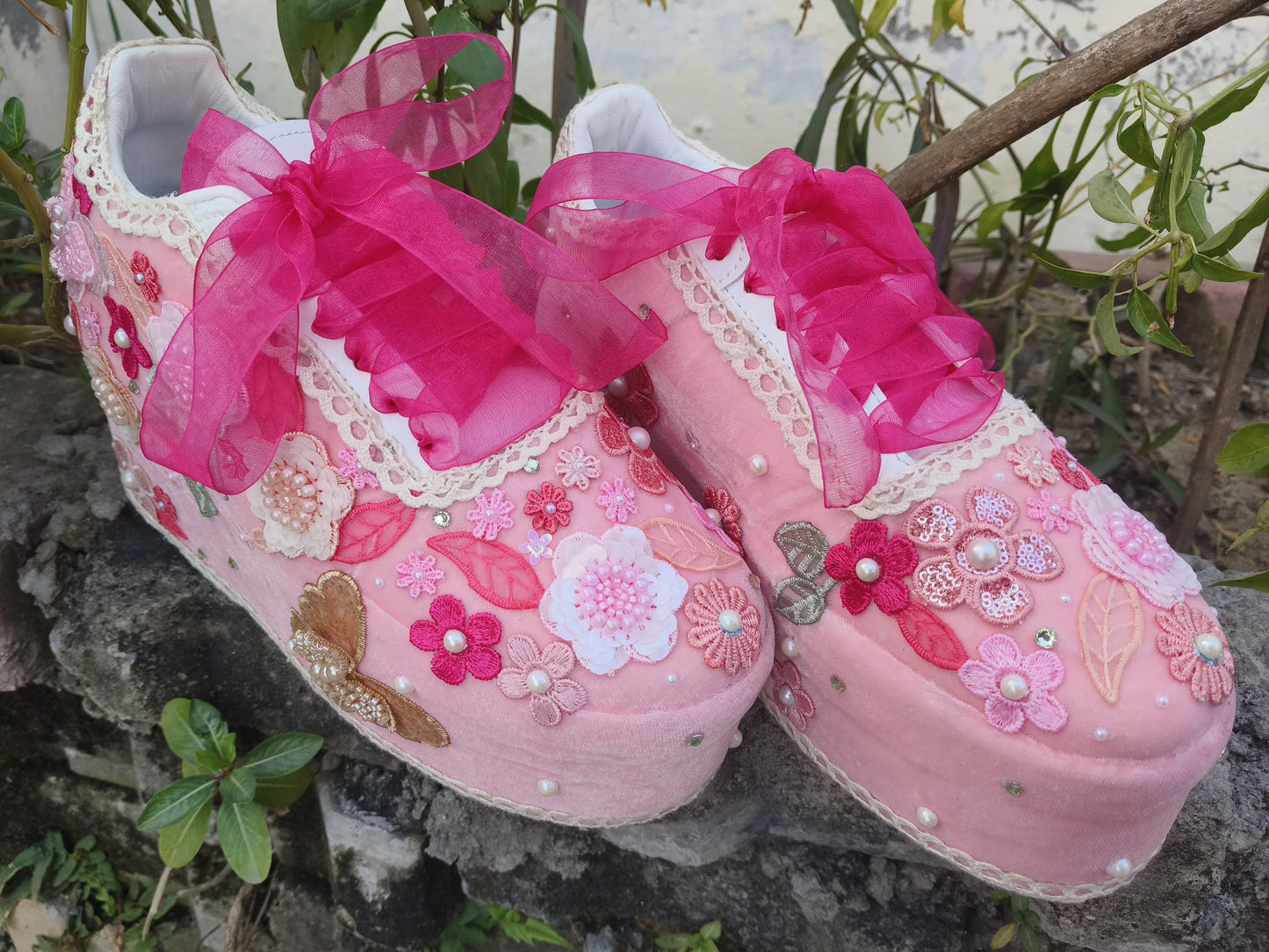 FUNKY N TRENDY Hand embroidered floral theme sneakers - wedge sneakers heeled sneakers/pink sneakers