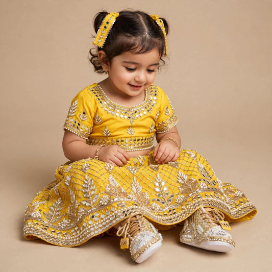 Aaira - Ivory & Gold Baby Girl Ethnic Sneakers | Pearl & Mirror Work First Birthday Shoes