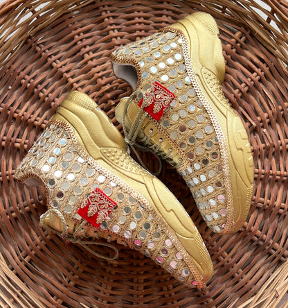 FUNKY N TRENDY gold mirror heeled sneakers for brides and bridesmaids