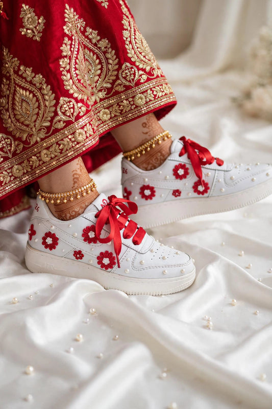 Funky N Trendy red and white pearl work sneakers with floral detailing / bridal sneakers/ sneaker for bride / white sneakers/ pearl sneakers for bride personalised sneakers for brides