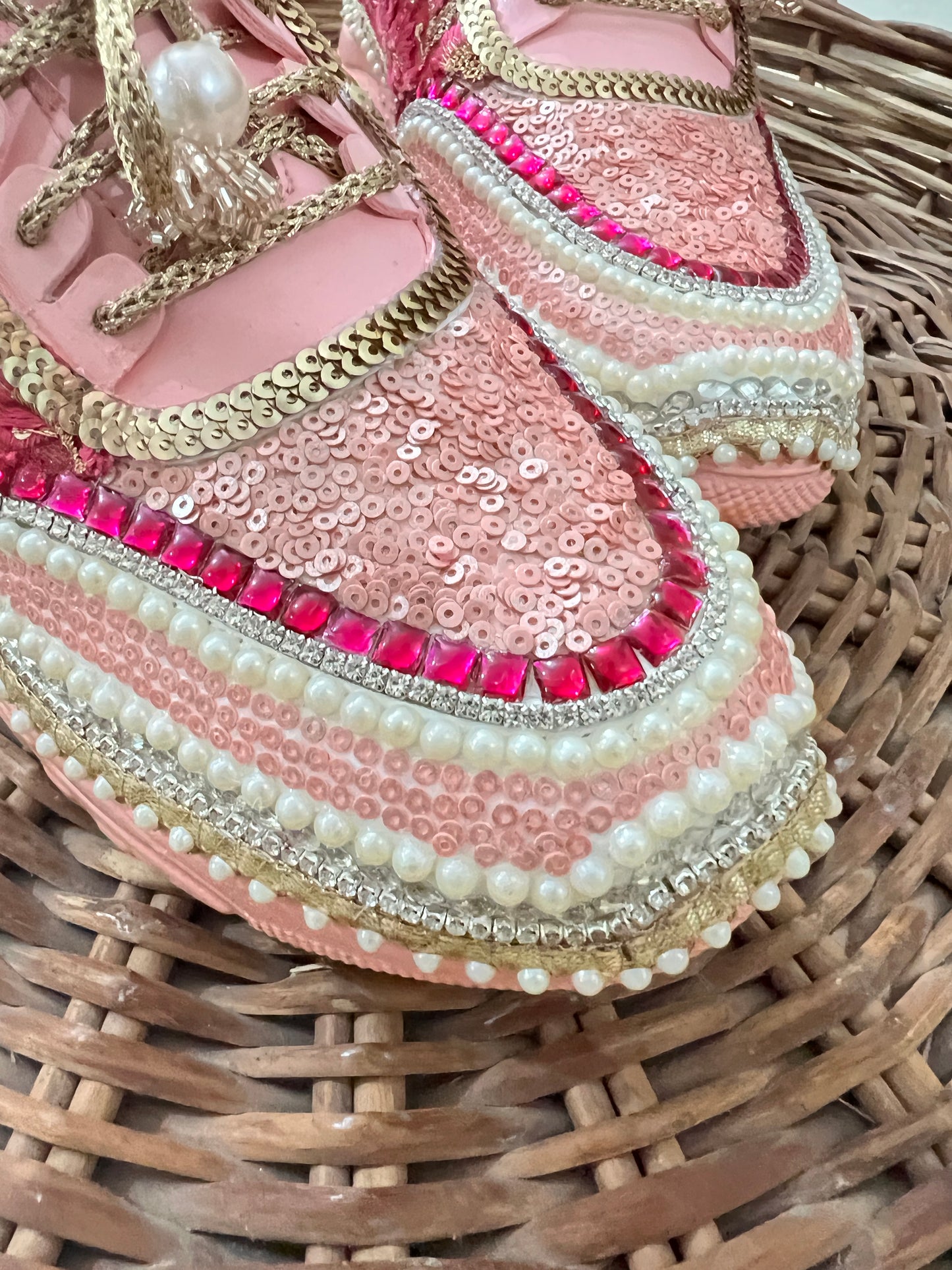 FUNKY N TRENDY peach/pink / pink embroidery sneakers with pearls detailing for brides / bridesmaids with custom couple name initials/ pink shoes / peach shoes/ rani color sneakers
