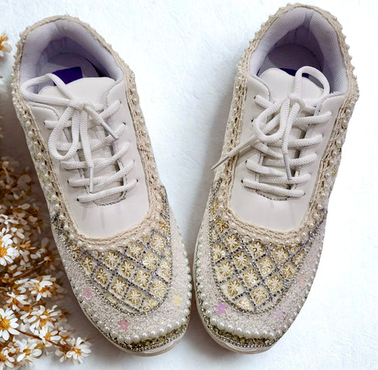 FUNKY N TRENDY Ivory Magic Bridal Sneakers – Custom Bead Detailing with pearls and swaroski