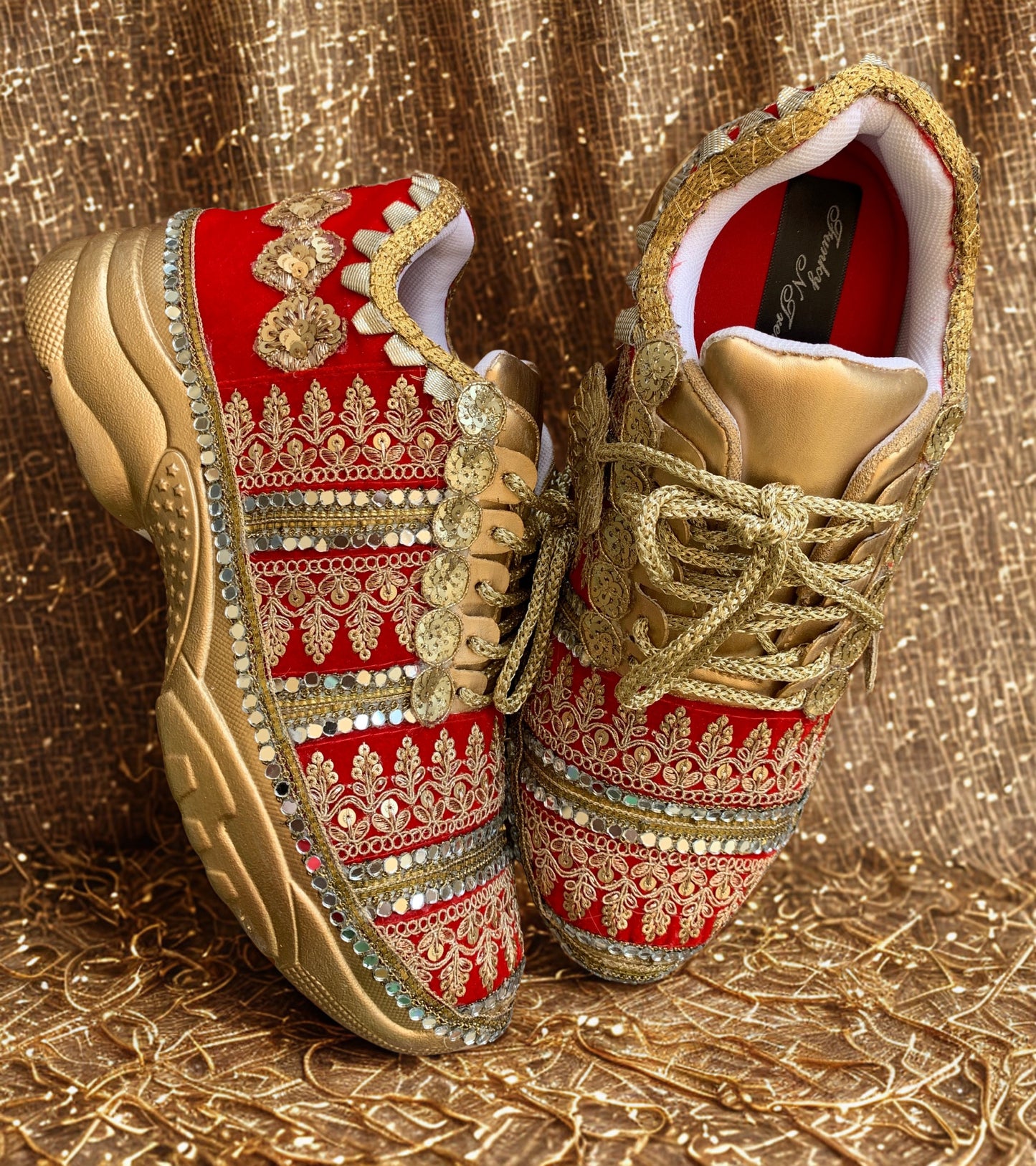 FUNKY N TRENDY red and gold bridal sneakers / bridesmaid sneakers/ golden sneakers / gold sneakers / red shoes / red bridal sneakers / embroidered shoes / embroidered sneakers