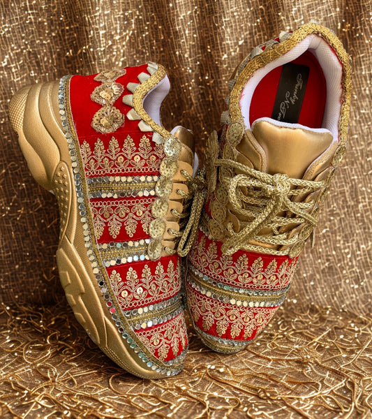 FUNKY N TRENDY red and gold bridal sneakers / bridesmaid sneakers/ golden sneakers / gold sneakers / red shoes / red bridal sneakers / embroidered shoes / embroidered sneakers