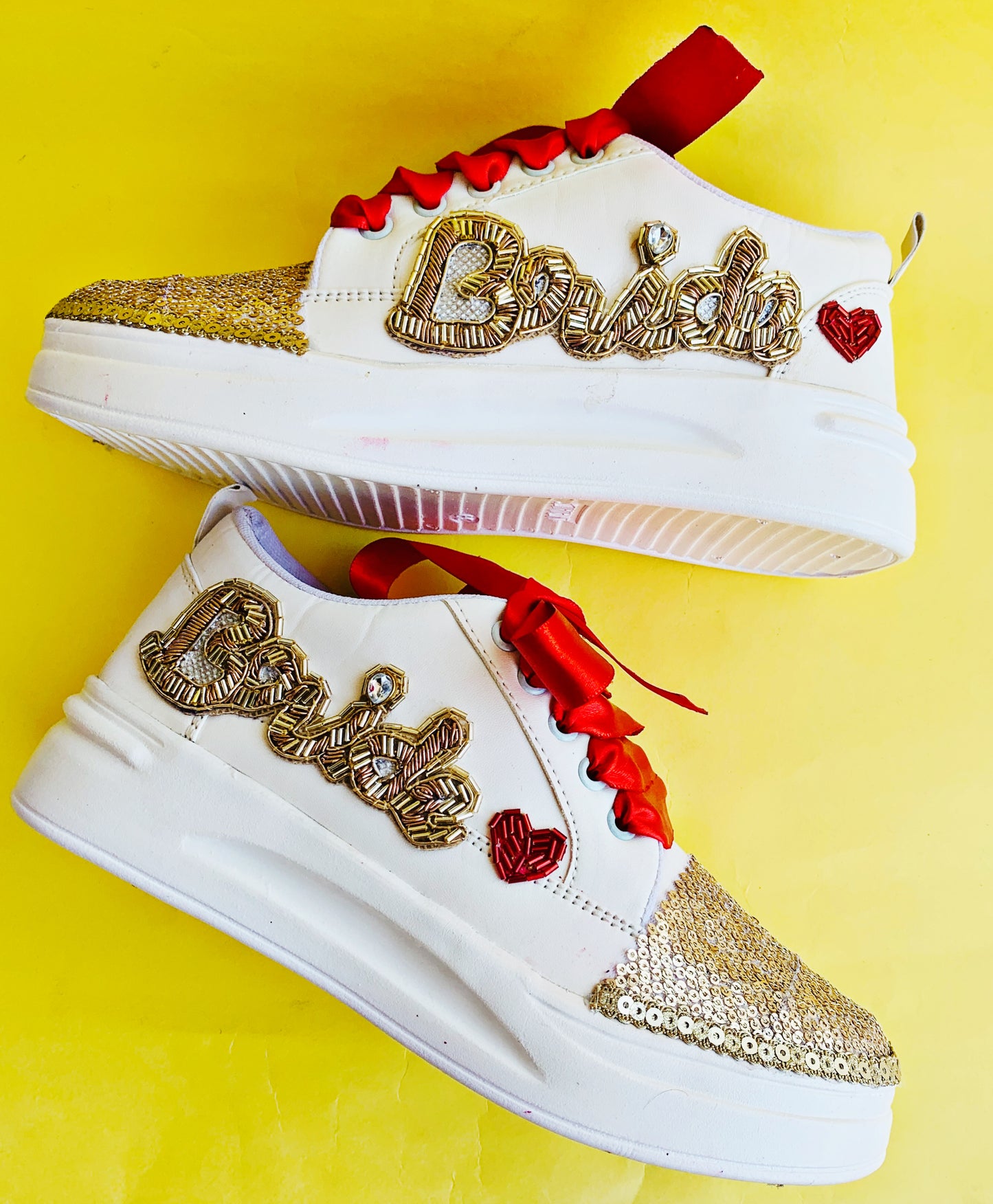 Funky N Trendy hand embroidered Bride word with zardozi and cutdana / bridal sneakers/ sneaker for bride / zardozi sneakers/ golden sneakers for bride