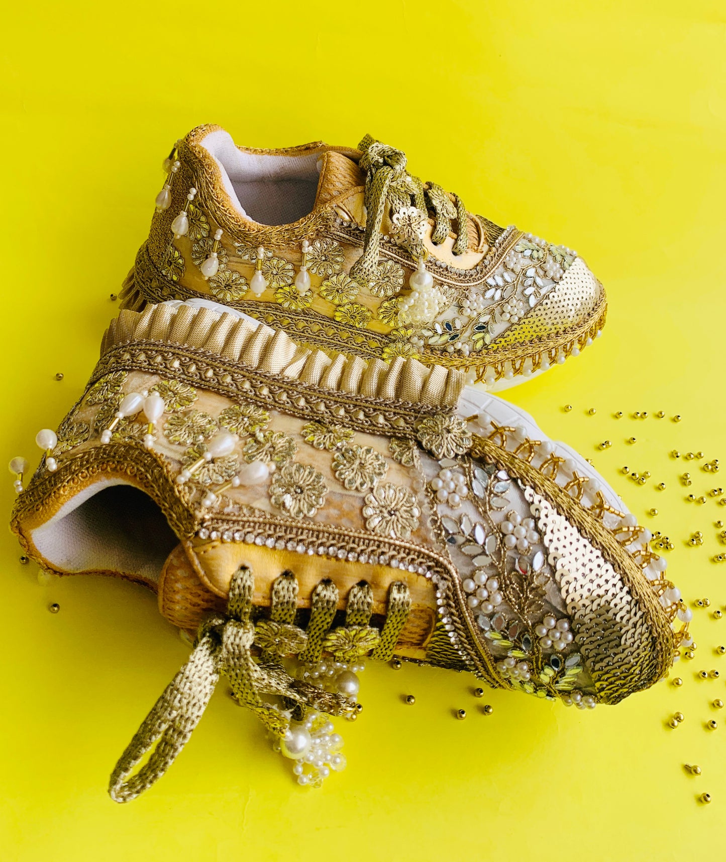 FUNKY N TRENDY gold mirror and pearl sneakers for brides /bridesmaids / sneakers for bridesmaids/ handcrafted sneakers/ mirror sneakers / bridal sneakers / bridesmaid sneakers/ gold sneakers / mirror shoes