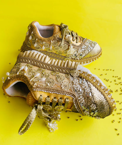 FUNKY N TRENDY gold mirror and pearl sneakers for brides /bridesmaids / sneakers for bridesmaids/ handcrafted sneakers/ mirror sneakers / bridal sneakers / bridesmaid sneakers/ gold sneakers / mirror shoes