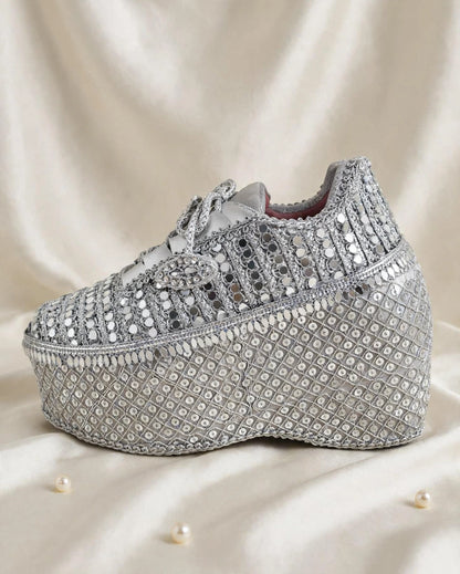 FUNKY N TRENDY Silver Mirror work sneakers - wedge sneakers heeled sneakers/ silver sneakers