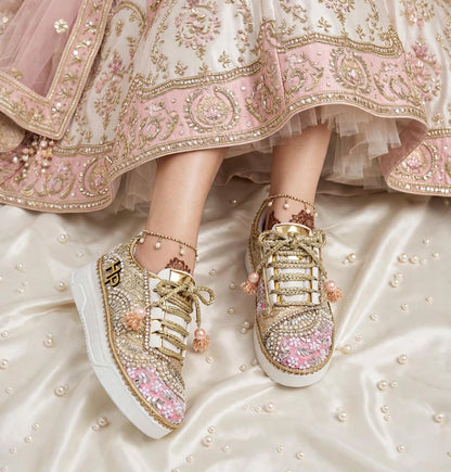 FUNKY N TRENDY baby pink and gold sneakers for brides / bridesmaids/ pink sneakers / baby pink sneakers / bridal sneakers / bridesmaid sneakers/ golden hand work sneakers/ pink shoes with custom name initials
