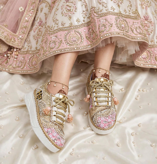 FUNKY N TRENDY baby pink and gold sneakers for brides / bridesmaids/ pink sneakers / baby pink sneakers / bridal sneakers / bridesmaid sneakers/ golden hand work sneakers/ pink shoes with custom name initials