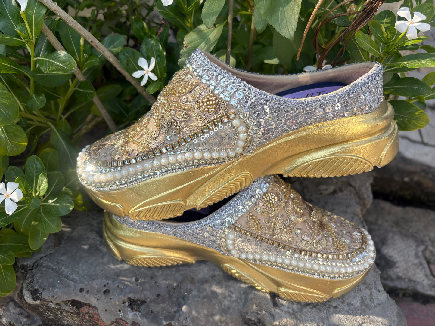 Funky N Trendy hand crafted golden bridal sneakers bridesmaid sneakers/ mom shoes / half shoes  / golden sneakers / embroidered half shoes