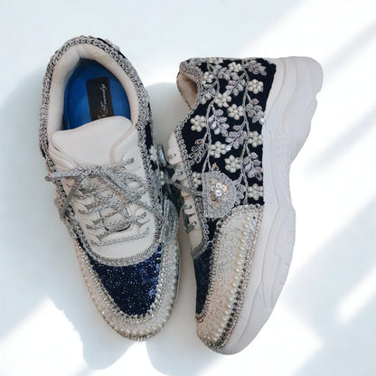 FUNKY N TRENDY Nevy blue and Silver hand work sneakers for brides / bridesmaids/ boho sneakers / blue sneakers / nevy blue shoes