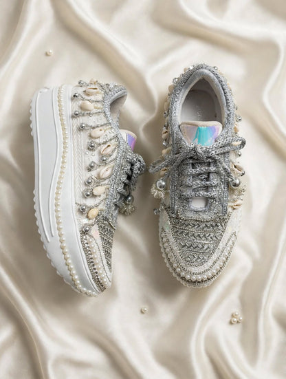 FUNKY N TRENDY silver sneakers for brides / silver sneakers for bridesmaids/ silver sneakers / bridal sneakers / bridesmaid sneakers/ silver hand work sneakers