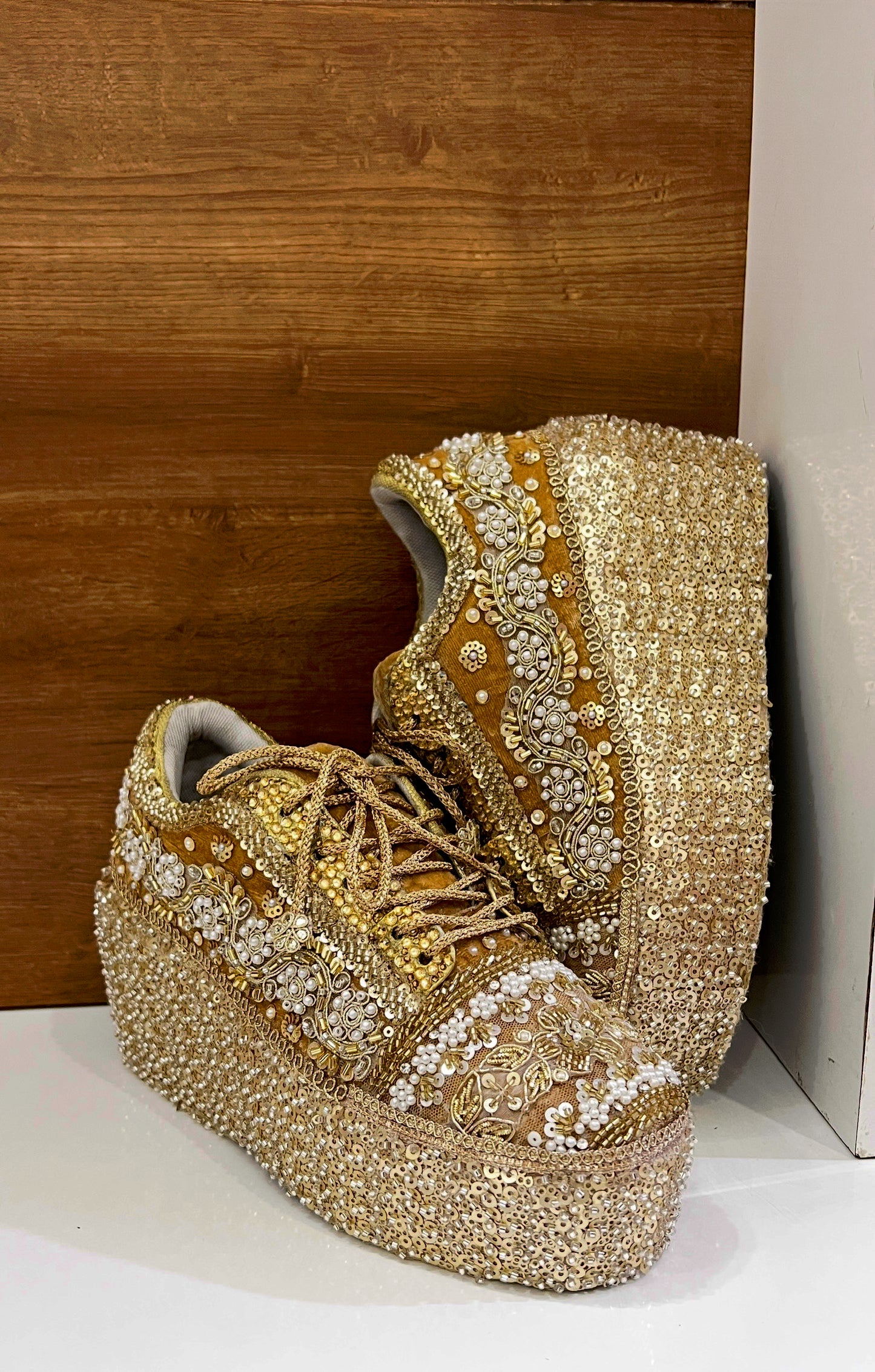 FUNKY N TRENDY Gold Heavy Embroidered bridal sneakers - wedge sneakers heeled sneakers/ golden sneakers