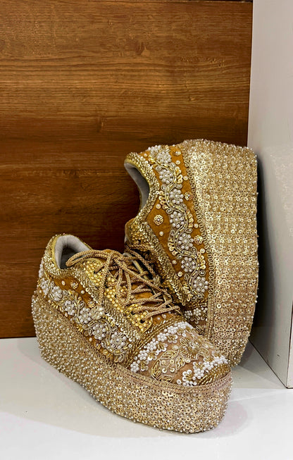FUNKY N TRENDY Gold Heavy Embroidered bridal sneakers - wedge sneakers heeled sneakers/ golden sneakers