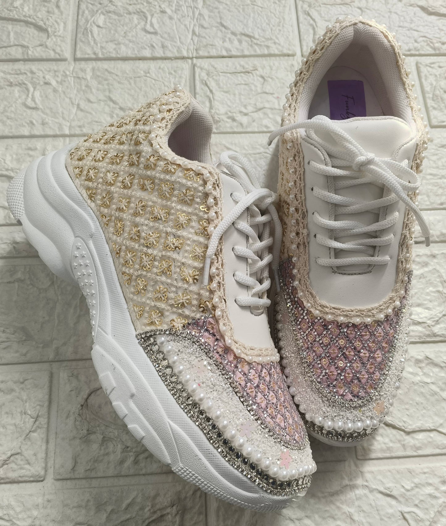 Funky N Trendy ivory and pink embroidery work bridal sneakers/ bridesmaid sneaker / golden sneakers/ pink sneakers / sequine work sneakers/ pink shoes/ silver golden sneakers