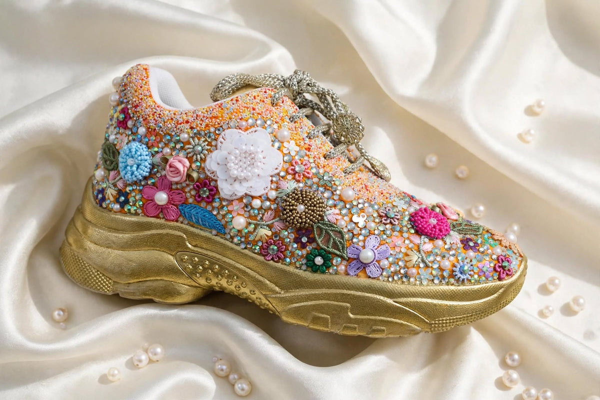FUNKY N TRENDY fully hand crafted floral work with beads rhinestones cutdana sneakers / flower shoes / gold sneakers