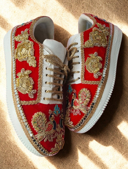 Funky N Trendy Peacock Magic Red Bridal Sneakers – Dance-Ready & Personalised