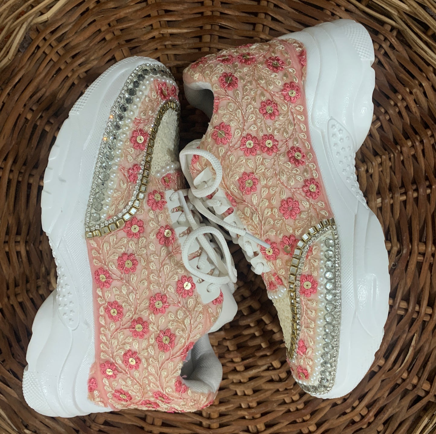 Funky N Trendy hand crafted pink theme bridal sneakers/ bridesmaid sneaker / ivory pink  sneakers/ pink floral theme sneakers / pink shoes