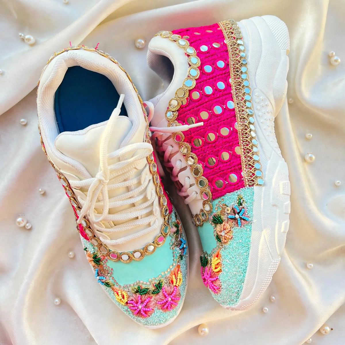 Funky N Trendy hand crafted powder blue theme bridal sneakers/ bridesmaid sneaker / powder blue sneakers/ pink floral theme sneakers / blue pink shoes / floral sneakers