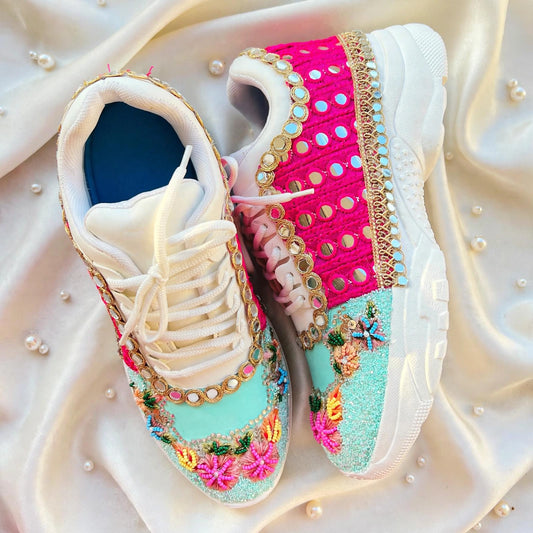 Funky N Trendy hand crafted powder blue theme bridal sneakers/ bridesmaid sneaker / powder blue sneakers/ pink floral theme sneakers / blue pink shoes / floral sneakers