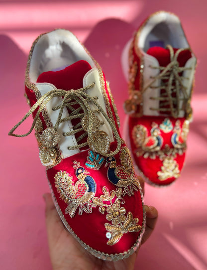 Funky N Trendy Peacock Magic Red Bridal Sneakers – Dance-Ready & Personalised