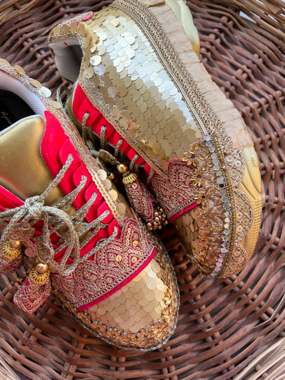 FUNKY N TRENDY megenta rani pink sneakers for brides /bridesmaids / sneakers for bridesmaids/ handcrafted sneakers/ mirror sneakers / bridal sneakers / bridesmaid sneakers/ gold sneakers / megenta sneakers/ rani sneakers/red sneakers