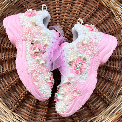 FUNKY N TRENDY pink/white floral butterfly theme sneakers with shells pearls detailing for brides / bridesmaids / bridal sneakers / bridesmaid sneakers / bridal shoes/ pink shoes / pink sneakers/ cocktail sneakers