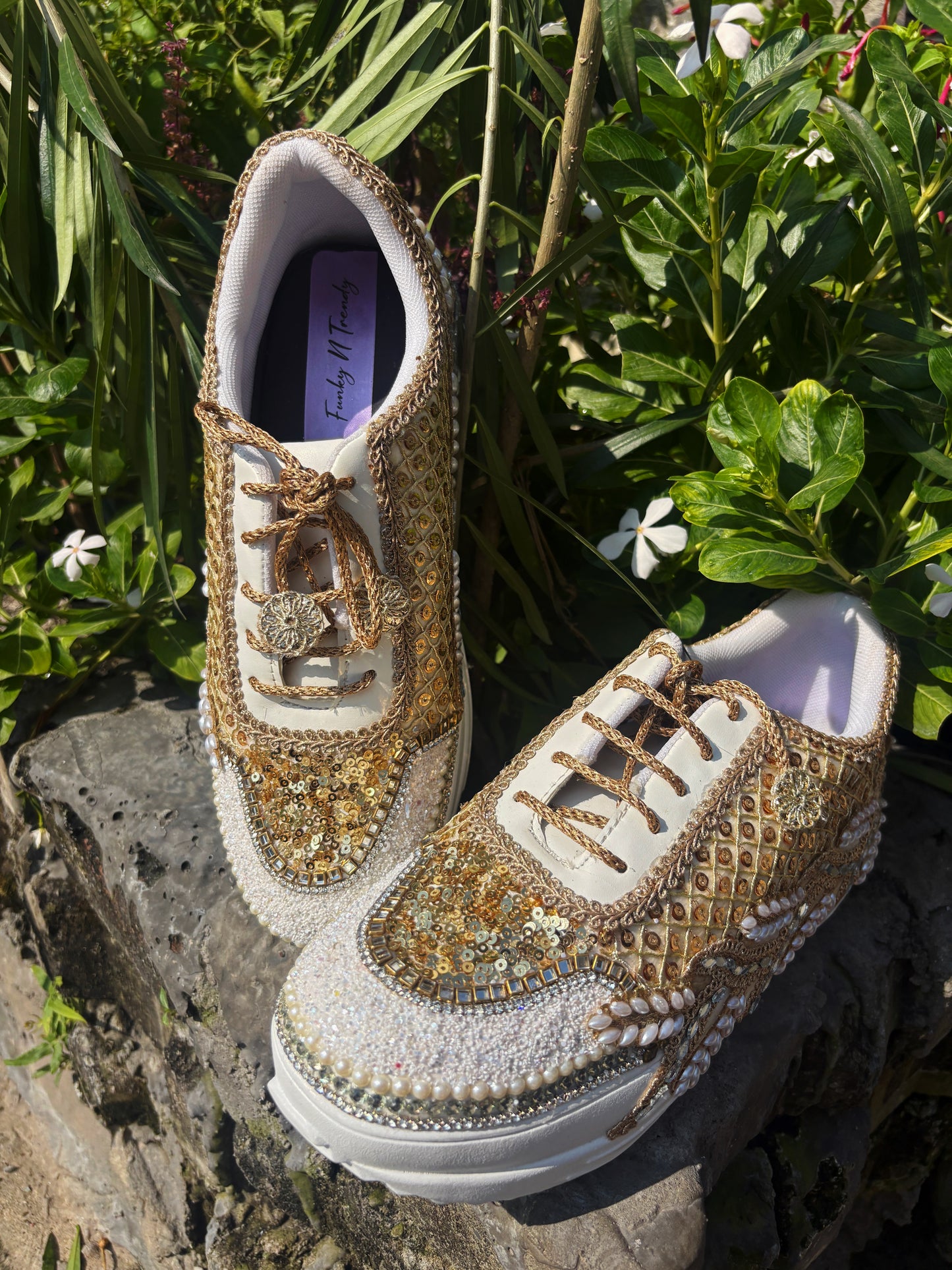 Funky N Trendy dull gold embroidered sequine work sneakers with mirror detailing / bridal sneakers/ sneaker for bride / white sneakers/ pearl sneakers for bride