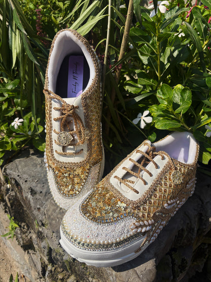 Funky N Trendy dull gold embroidered sequine work sneakers with mirror detailing / bridal sneakers/ sneaker for bride / white sneakers/ pearl sneakers for bride
