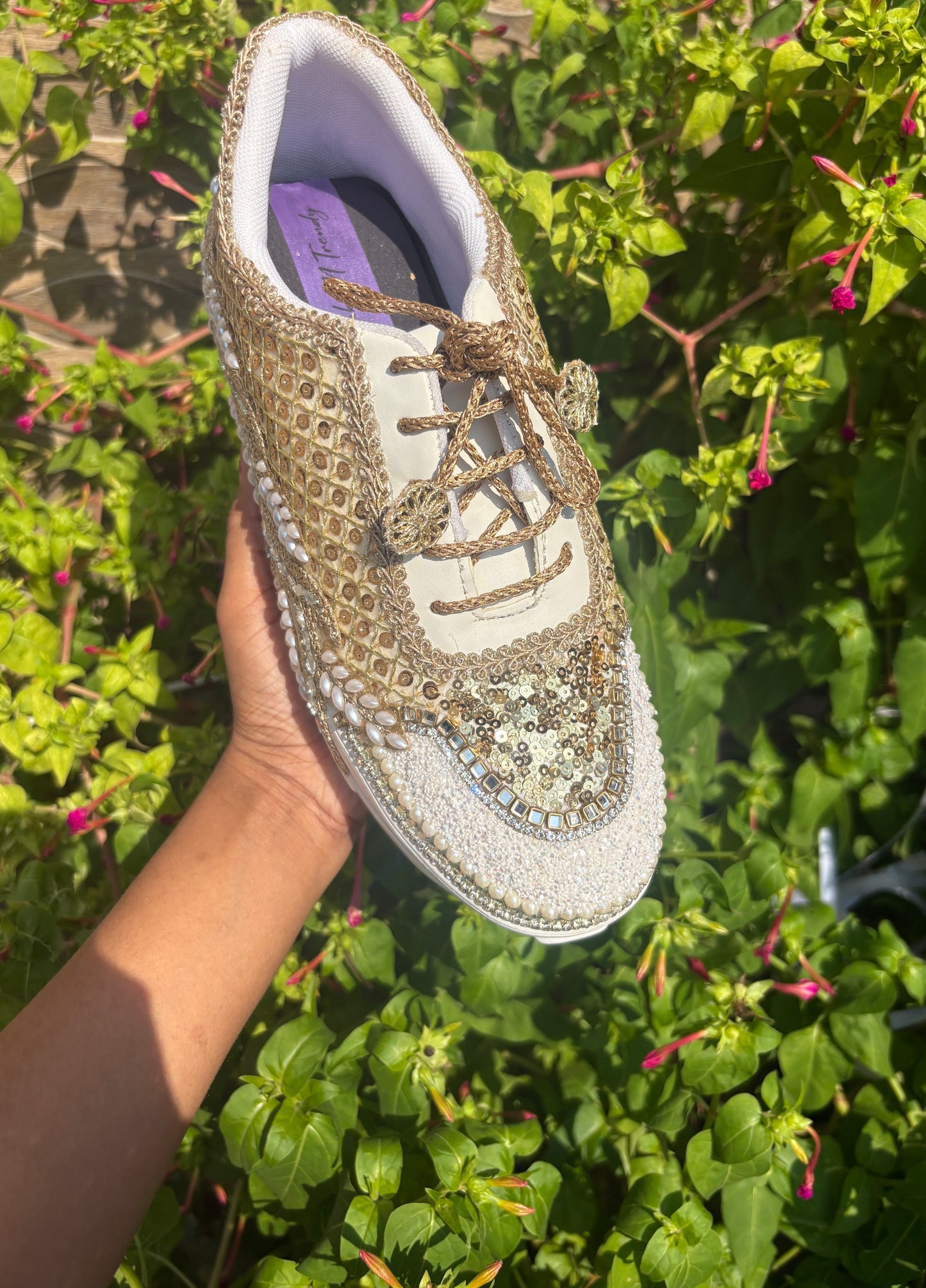 Funky N Trendy dull gold embroidered sequine work sneakers with mirror detailing / bridal sneakers/ sneaker for bride / white sneakers/ pearl sneakers for bride