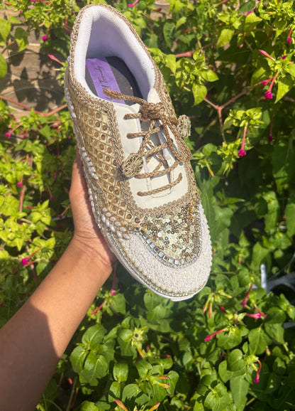Funky N Trendy dull gold embroidered sequine work sneakers with mirror detailing / bridal sneakers/ sneaker for bride / white sneakers/ pearl sneakers for bride
