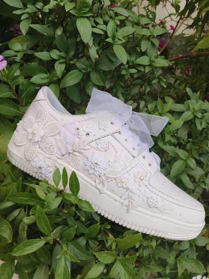 Funky N Trendy white thread work pearl work sneakers with floral detailing / bridal sneakers/ sneaker for bride / white sneakers/ pearl sneakers for bride/custom name initials / wedding date