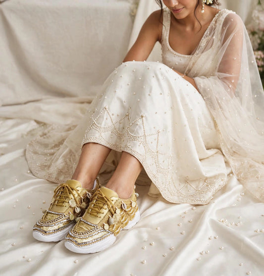 FUNKY N TRENDY gold sneakers for brides / gold sneakers for bridesmaids/ gold sneakers / bridal sneakers / bridesmaid sneakers/ golden hand work sneakers / gold sneakers / embroidered sneakers