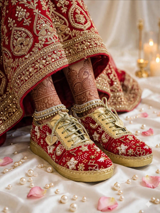 Galaxy Theme Red & Gold Bridal Sneakers with Hand Embroidery – Custom Wedding Shoes for Bride