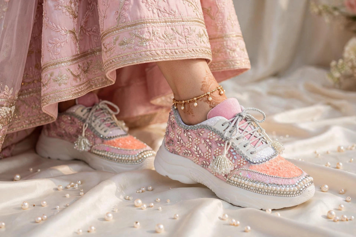 FUNKY N TRENDY peach/pink / pink embroidery sneakers with pearls detailing for brides / bridesmaid sneakers/ pink shoes / peach shoes/ bridal sneakers